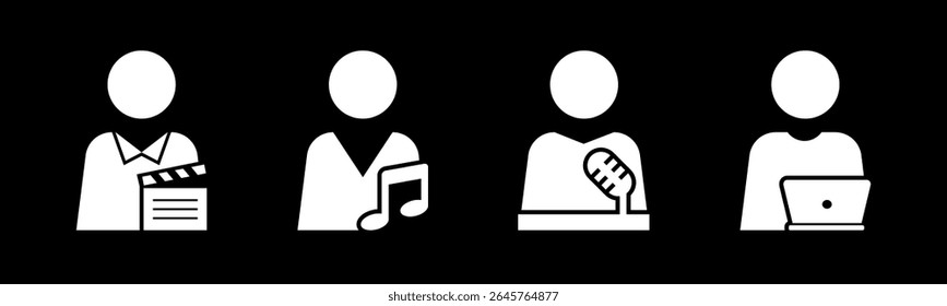 Ator, Músico, Apresentador, ícone do Criador de conteúdo defina o vetor de ilustração.
