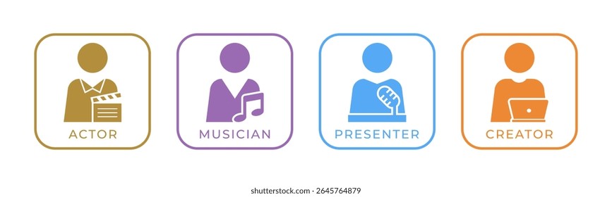 Actor, Musician, Presenter, Content Creator icon set illustration vector. Inside Square.