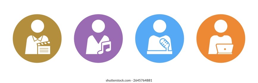 Ator, Músico, Apresentador, ícone do Criador de conteúdo defina o vetor de ilustração. Dentro do círculo.