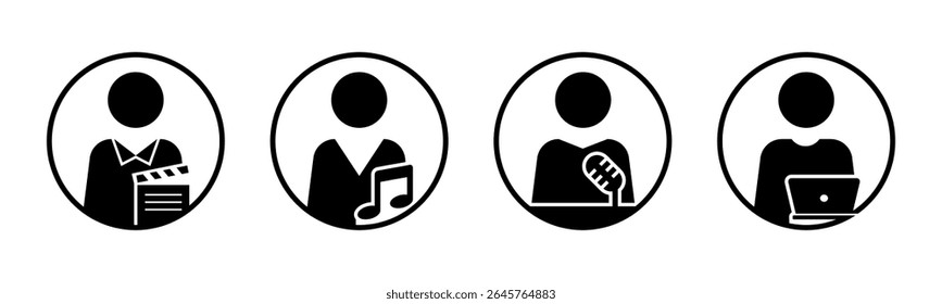 Ator, Músico, Apresentador, ícone do Criador de conteúdo defina o vetor de ilustração. Dentro do círculo.