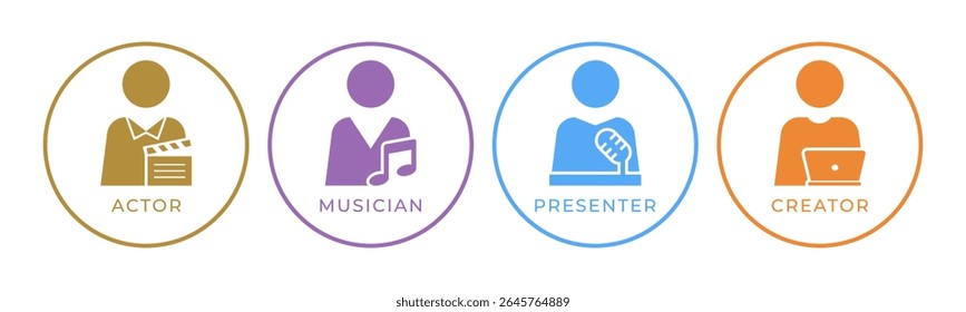 Ator, Músico, Apresentador, ícone do Criador de conteúdo defina o vetor de ilustração. Dentro do círculo.