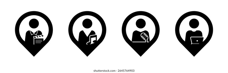 Actor, Musician, Presenter, Content Creator with pin location icon set illustration vector.