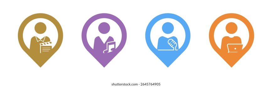 Ator, Músico, Apresentador, Criador de conteúdo com ícone de localização de pin definir vetor de ilustração.