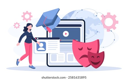 Actor online course. Woman near acting masks. Creativity and art. Education and training, learning. Theatrical performance. Internet acting school. Flat vector illustration