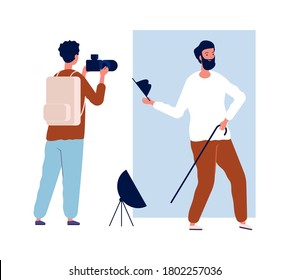 Actor photo session. Male photographer and creative man. Photo in studio vector illustration