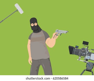 The actor plays the role of an armed villain in the film. Special camera shooting on a green background Vector illustration