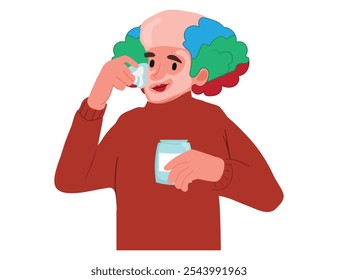 Actor putting makeup on his face preparing for performance indoors, clown painting his face. vector illustration.