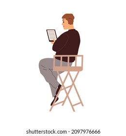 Actor Reading Film Script Before Movie Or Theater Scene Playing. Rehearsal Backstage With Man Holding Laptop PC With Screenplay. Flat Vector Illustration Isolated On White Background