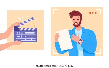 Actor Reading Script. Movie Academic Rehearsal Actors Casting Concept, Cinema Action Clapperboard Backstage Guy Acting In Hollywood Film Or Theatre Play, Vector Illustration Of Cinema Film Production