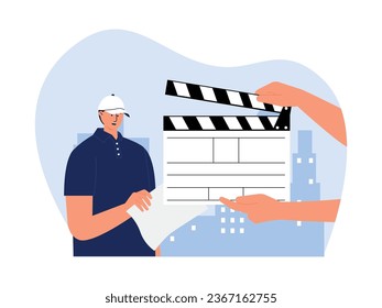 Actor reading script on acted scene, clapboard held by film crew, film industry vector illustration.