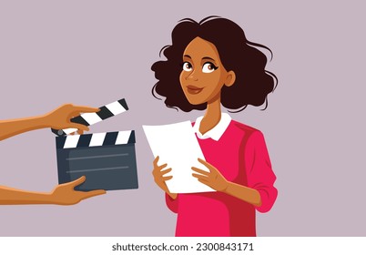 
Actor Rehearsing the Lines on Set Vector Cartoon Illustration. Woman in film school learning to read lines from a script
