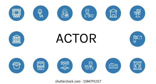 actor simple icons set. Contains such icons as Theater, Mask, Actress, Paparazzi, Ticket office, Kabuki, Motion capture, Actor, Hollywood, can be used for web, mobile and logo