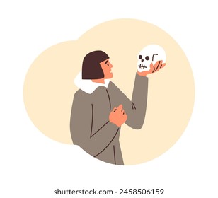 Actor of the theater playing a role Hamlet of Shakespear vector flat illustration. Cartoon young man holding a skull in hand, speech monologue performance isolated in decorative frame