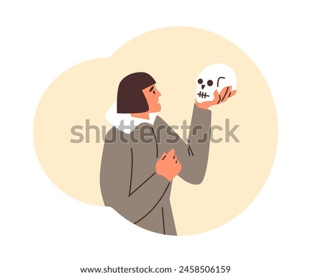 Actor of the theater playing a role Hamlet of Shakespear vector flat illustration. Cartoon young man holding a skull in hand, speech monologue performance isolated in decorative frame