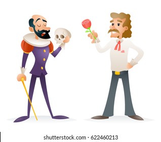 Actor Theater Stage Man Characters Medieval and Modern Icons Cartoon Design Template Vector Illustration