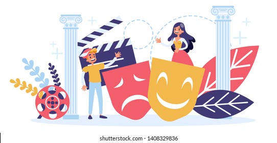 Actor of theatre and cinema profession concept. Perfomance on the stage. Actress in costume play role. Vector illustration in cartoon style