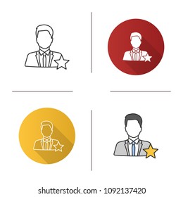 Actor or TV presenter icon. Movie star. Flat design, linear and color styles. Isolated vector illustrations