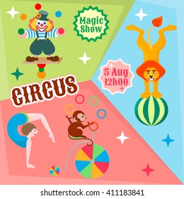 Actors circus juggling clown, lion on the ball, and the monkey gymnast on the bike to advertise a circus show