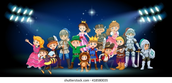 Actors in costumes on stage illustration