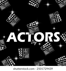 Actors Day event banner. Bold text with several movie clapper boards isolated on black background to celebrate on September 8th