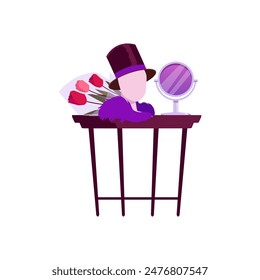 Actors dressing room accessories, table with mirror, mannequin head with black top hat and feather boa vector flat illustration. Bouquet of flowers present. Cinema or theater celebrities backstage