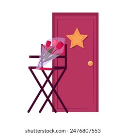 Actors dressing room close door with the star sign vector flat illustration. Stool with bouquet of flowers for actor present. Cartoon cinema or theater celebrities backstage, vip entrance