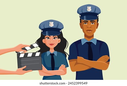 
Actores filmando una película de la policía de acción con personajes de Ilustración vectorial. Serie de televisión de suspenso con personajes principales vestidos como policía 
