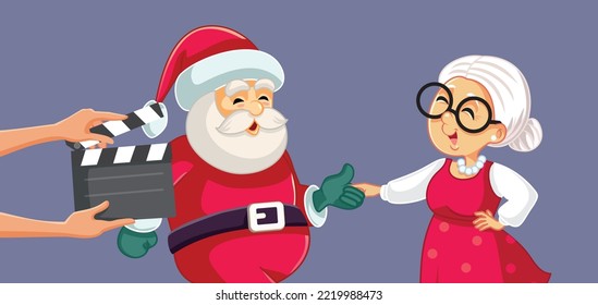 
Actors Filming a Christmas Musical Comedy Vector Cartoon Illustration. Santa movie being filmed on a set with people in costume
