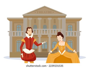 Actors in medieval costumes front on theatre vector illustration. Cartoon drawing of prince and princess characters isolated on white background. Performance, entertainment, theater concept