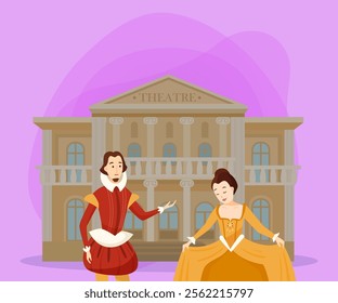 Actors in medieval costumes front on theatre vector illustration. Cartoon drawing of prince and princess characters isolated on white background. Performance, entertainment, theater concept