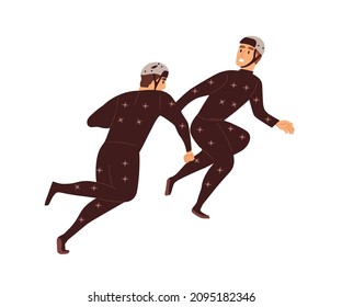 Actors in motion capture suits for filming and tracking movements. Performers in action wearing full-body mocap costumes with markers. Flat vector illustration isolated on white background