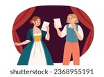 Actors on stage concept. Man and woman with scenario at scene. Theater performance, cultural rest and leisure. People at stage near red curtains. Cartoon flat vector illustration