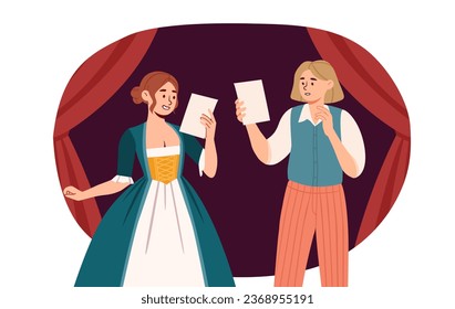 Actors on stage concept. Man and woman with scenario at scene. Theater performance, cultural rest and leisure. People at stage near red curtains. Cartoon flat vector illustration