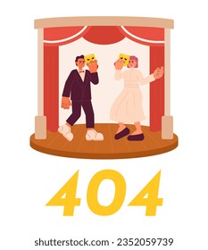 Actors on stage error 404 flash message. Dancing, acting with comedy and tragedy mask. Empty state ui design. Page not found popup cartoon image. Vector flat illustration concept on white background