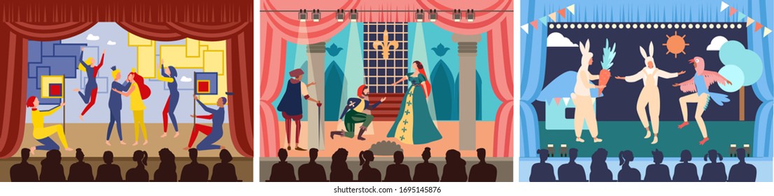 Actors On Theater Stage Vector Illustration. Cartoon Flat Character Play Act Or Scene Of Drama Show In Theatre Interior, Acting People In Opera Performance, Audience Watching Theatrical Premiere Set