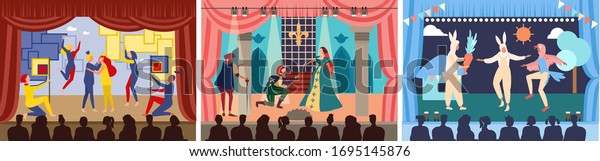 Actors on theater stage vector illustration. Cartoon\
flat character play act or scene of drama show in theatre interior,\
acting people in opera performance, audience watching theatrical\
premiere set