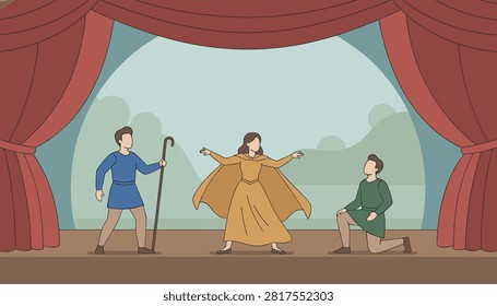 Actors performing a medieval play on a theater stage with costumes and props in front of red curtains.