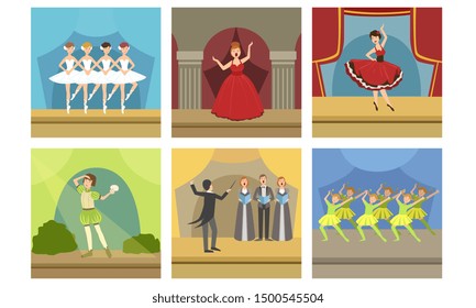 Actors Performing on Stage Set, Music Concert with Opera Singers and Ballet Dancers, Theatrical Stage Interior Vector Illustration