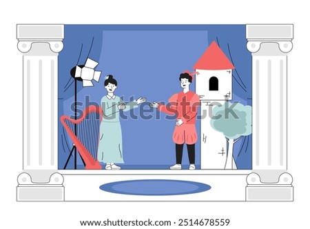 Actors performing in theater. Man and stage having conversation on stage. Knight and princess near castle and harp. Talented artists. Linear vector illustration isolated on white background