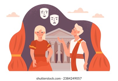 Actors in theater concept. Man and woman in ancient Greek costumes perform on stage. Art and creativity. Cultural rest and leisure. People with face masks. Cartoon flat vector illustration