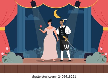 Actors in theater concept. Man and woman in costumes perform at stage and scene. Prince and princess with flower. Cultural rest and leisure. Talented artists. Cartoon flat vector illustration