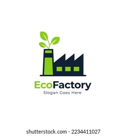 actory and leaf logo combination. Industry and eco symbol or icon. Unique manufacturing and organic logotype design template
