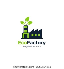 actory and leaf logo combination. Industry and eco symbol or icon. Unique manufacturing and organic logotype design template