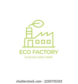 actory and leaf logo combination. Industry and eco symbol or icon. Unique manufacturing and organic logotype design template