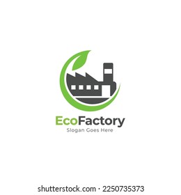 actory and leaf logo combination. Industry and eco symbol or icon. Unique manufacturing and organic logotype design template