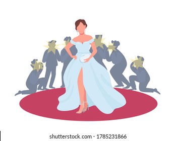 Actress In Fancy Dress On Red Carpet Flat Concept Vector Illustration. Movie Premiere, Festival. Woman Posing To Paparazzi 2D Cartoon Character For Web Design. Entertainment Industry Creative Idea