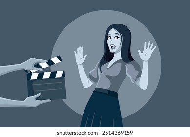 
Actriz filmando una Ilustración vectorial de película de terror de Antiguas. Cine en la edad de oro del cine clásico 
