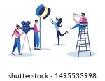 Actress Playing Role at Videocamera and Lighting Equipment. Film Director with Megaphone Sitting on High Stool Controlling Movie Shooting Process, Moviemaking Staff. Cartoon Flat Vector Illustration