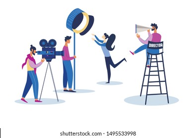 Actress Playing Role at Videocamera and Lighting Equipment. Film Director with Megaphone Sitting on High Stool Controlling Movie Shooting Process, Moviemaking Staff. Cartoon Flat Vector Illustration