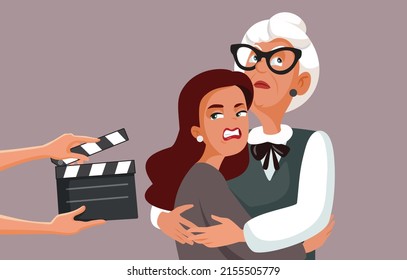 
Actresses Filming a Soap Opera Tv Show Vector Cartoon Illustration. Evil mother-in-law and her daughter in law performing fake emotions in a reality show 
